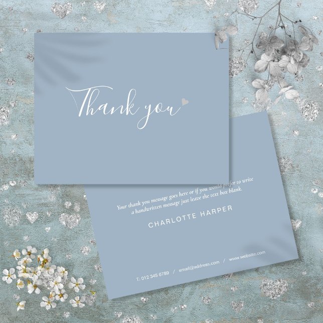 Staubblaues Silberherz Chic Script Geschäft Dankeskarte (Dusty Blue Silver Heart Chic Script Business Thank You Card)