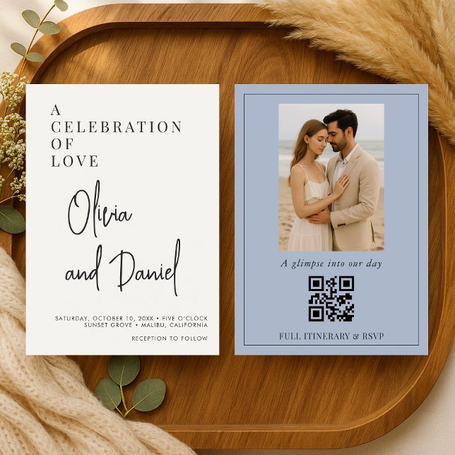 Staubblaues Skript Foto QR Code Hochzeit Einladung (Von Creator hochgeladen)