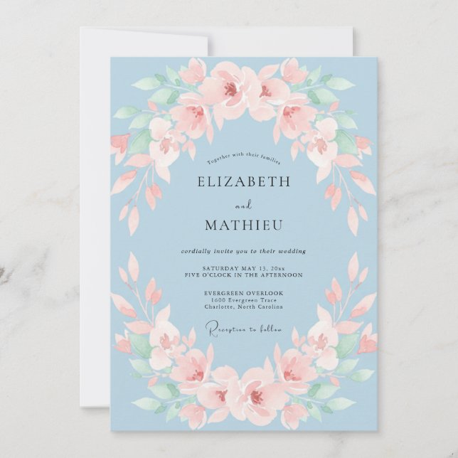 Staubblaues Soft Blossom Hochzeit Einladung (Vorderseite)