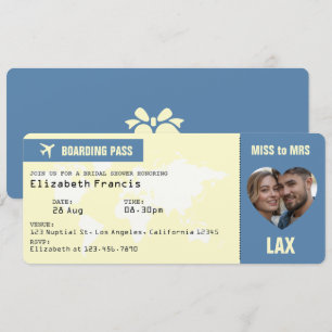 Staubblaues und cremefarbenes Boarding Pass Brautp Einladung