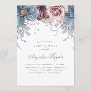 Staubblaues und Mauve-Blumen-Baby-Shower Einladung