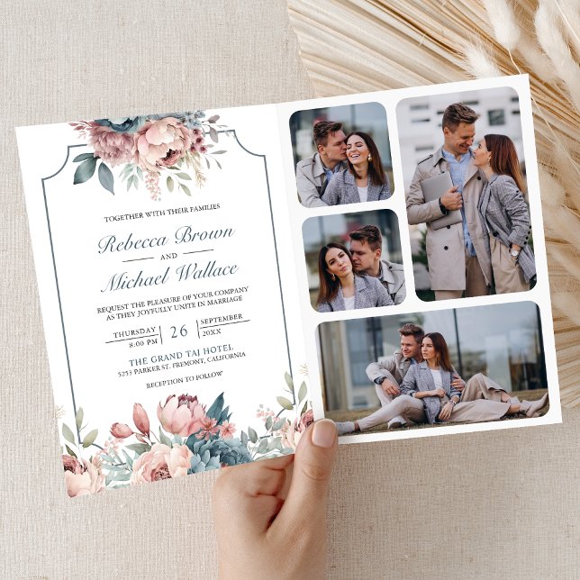 Staubblaues und Rosa Blumenhochzeit mit QR-Code Einladung (Von Creator hochgeladen)
