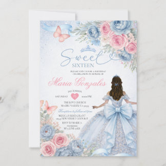 Staubblaues und rosa florales Prinzessin Sweet Six Einladung