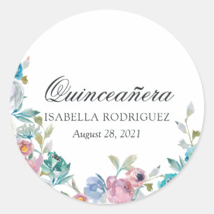 Staubblaues und Türkisblumen-Quinceañera Runder Aufkleber