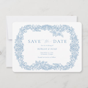 Staubblaues Vintage-Barock-Blumen- 'Save the Date' Einladung