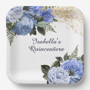 Staubblaues Vintage-Blumen-Gold-Glitter-Quinceañer Pappteller