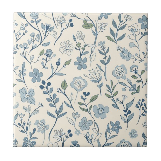 Staubblaues Wildblumenwiesen-Blumenmuster Fliese (Vorderseite)