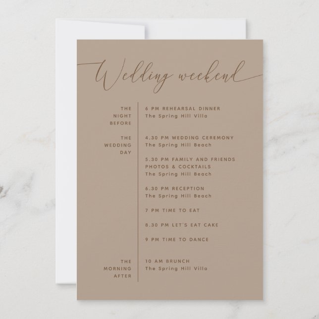 Staubbraunes Hochzeitswochenende-Timeline + Willko Einladung (Rückseite)