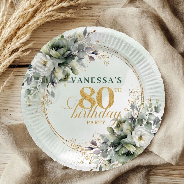 Staubgrün Eukalyptus 80. Geburtstag Botanisch   Pappteller (Dusty Green Eucalyptus 80th Birthday Botanical Plates)