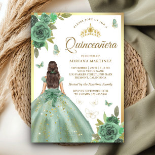 Staubgrün Floral Schmetterling Quinceanera Einladung