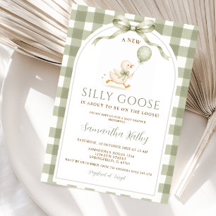 Staubgrün Gingham Neuer Dummer Gans Baby Shower Einladung