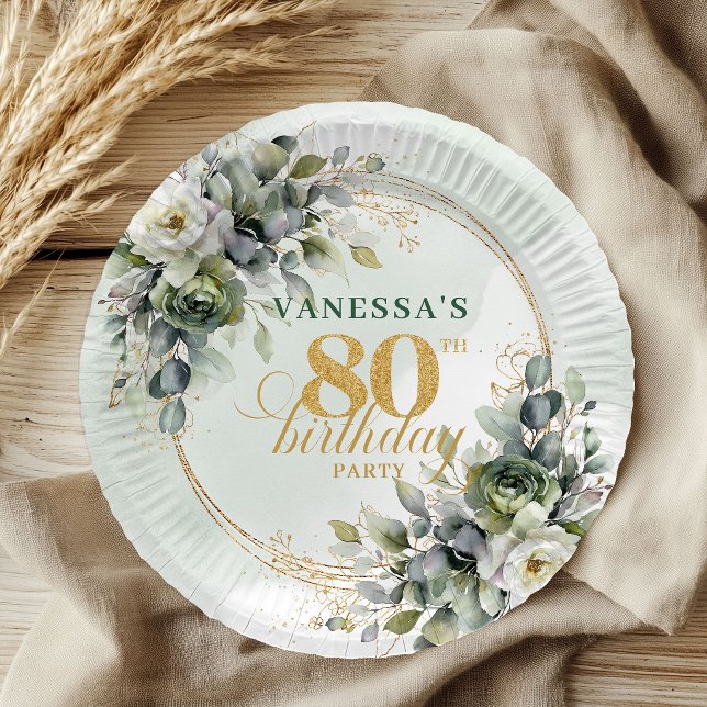Staubgrüne Boho-Botanik-Teller zum 80. Geburtstag Pappteller (Dusty Green Boho Botanical 80th Birthday Plates)