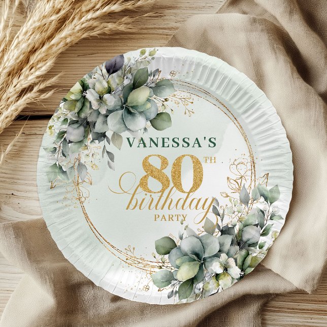 Staubgrüne botanische Blätter 80. Geburtstagsplatt Pappteller (Dusty Green Botanical Foliage 80th Birthday Plates)