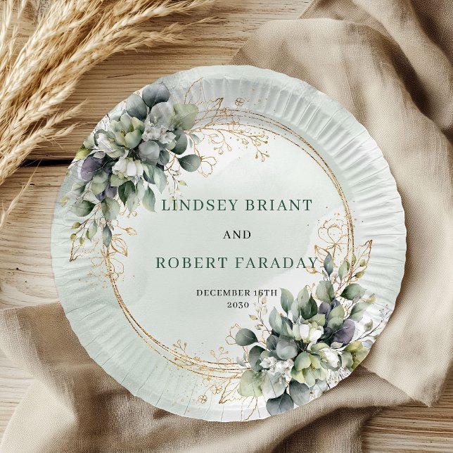 Staubgrüne botanische Blätter Hochzeitspapiertelle Pappteller (Dusty Green Botanical Foliage Wedding Paper Plates)