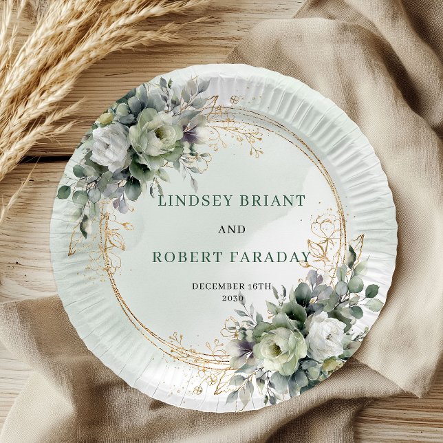Staubgrüne botanische Hochzeitspapierplatten mit B Pappteller (Dusty Green Botanical Foliage Wedding Paper Plates)