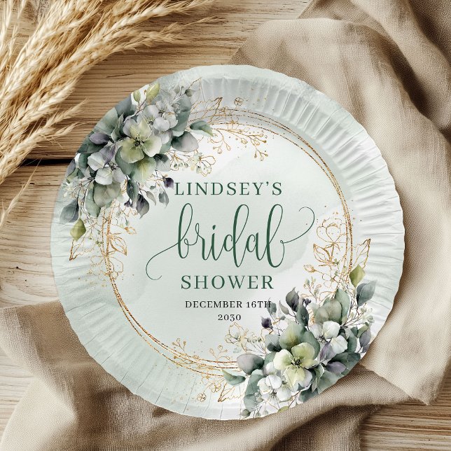 Staubgrüne Eukalyptus-Junggesellinnenabschied-Papi Pappteller (Dusty Green Eucalyptus Bridal Shower Paper Plates)