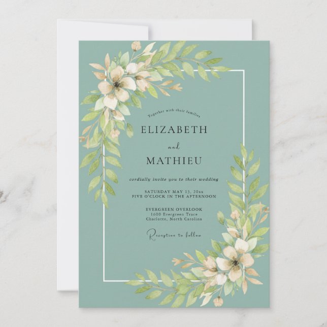 Staubgrüne Teeblatt-Hochzeit Einladung (Vorderseite)