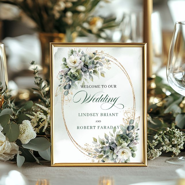 Staubgrünes botanisches Blattwerk Hochzeits-Willko Poster (Dusty Green Botanical Foliage Wedding Welcome Sign)