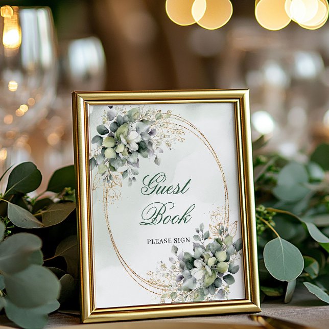 Staubgrünes botanisches Gästebuch-Tischschild Poster (Dusty Green Botanical Guest Book Tabletop Sign)