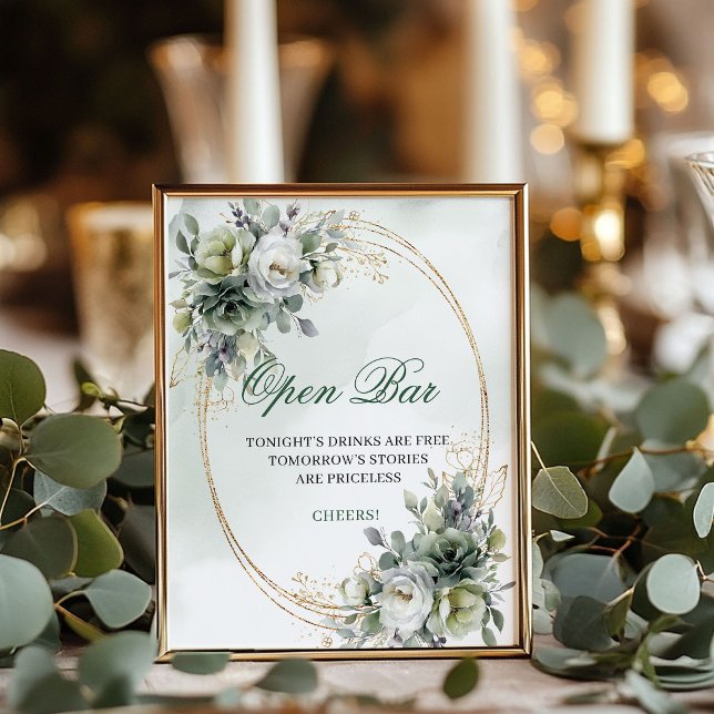 Staubgrünes botanisches Open-Bar-Tischschild Poster (Dusty Green Botanical Open Bar Tabletop Sign)
