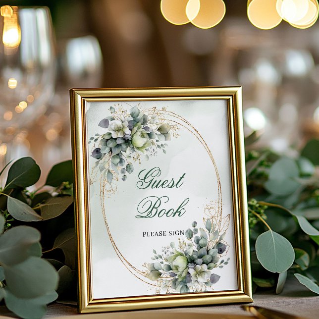 Staubgrünes Eukalyptus-Gästebuch-Tischschild Poster (Dusty Green Eucalyptus Guest Book Tabletop Sign)