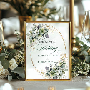 Staubgrünes Eukalyptus-Gold Hochzeits-Willkommenss Poster