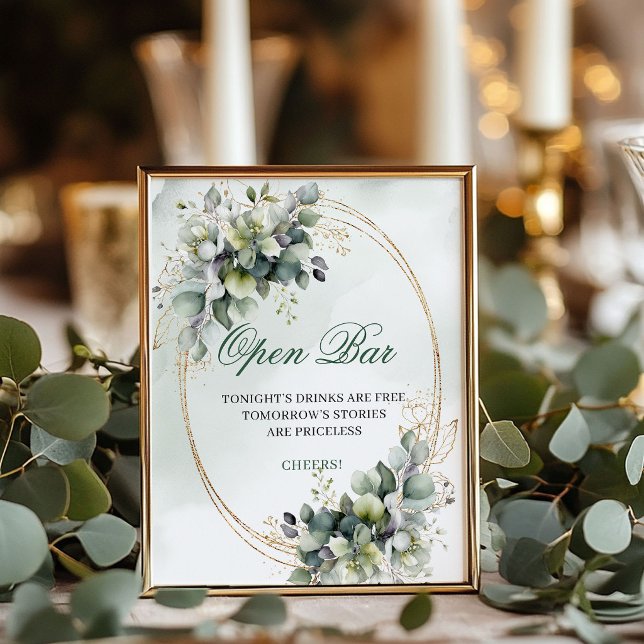 Staubgrünes Eukalyptus-Open-Bar-Hochzeitsschild Poster (Dusty Green Eucalyptus Open Bar Wedding Sign)