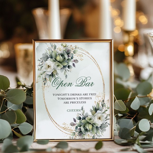 Staubgrünes Eukalyptus-Open-Bar-Tischschild Poster (Dusty Green Eucalyptus Open Bar Tabletop Sign)