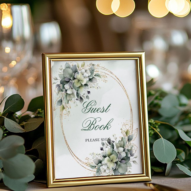 Staubgrünes Laub-Gästebuch-Tischschild Poster (Dusty Green Foliage Guest Book Tabletop Sign)