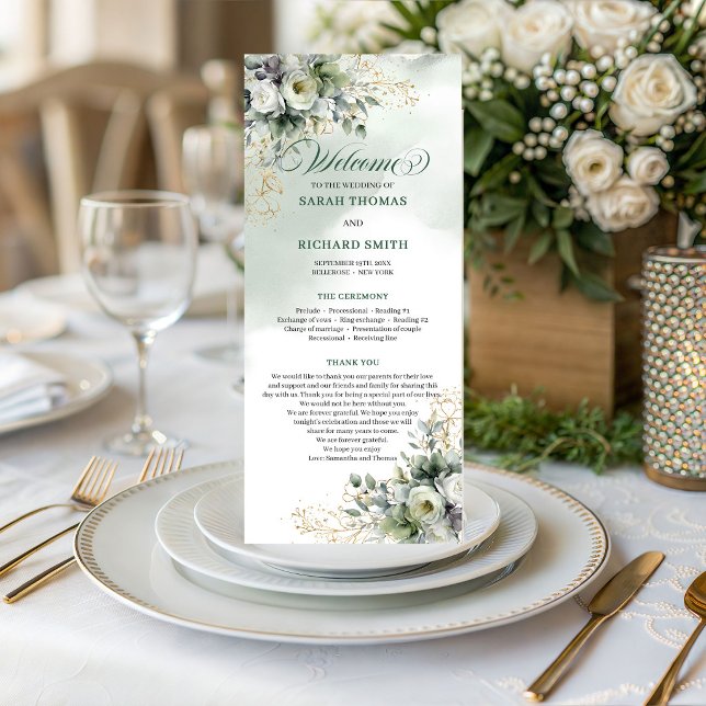 Staubgrünes Wasserfarben-Grün-Hochzeitsprogramm Programm (Dusty Green Watercolor Greenery Wedding Program)