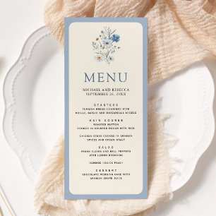 Staubig blaue Boho-Wildblumen-Hochzeit Menükarte