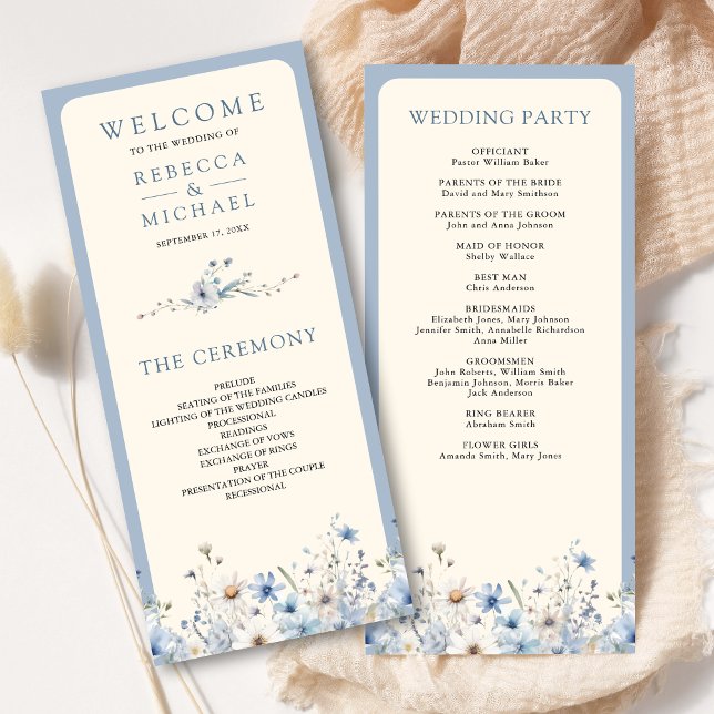 Staubig blaue Boho-Wildblumen-Hochzeitsprogramm (Von Creator hochgeladen)
