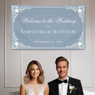 Staubig Blaue Hochzeit Vintage Elegant Weiße Schri Banner