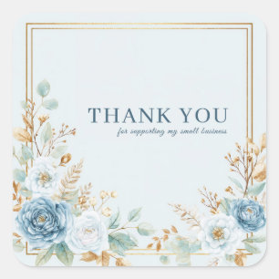 Staubig blaue weiße Goldrosen-Aquarellrahmenkunst Quadratischer Aufkleber