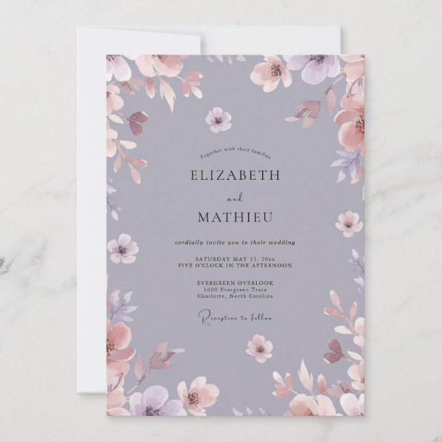 Staubig lila bemalte Hochzeit Einladung (Vorderseite)
