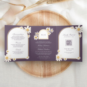 Staubig lila Retro-Gelb Gänseblümchen Hochzeit in Dreifach Gefaltete Einladung