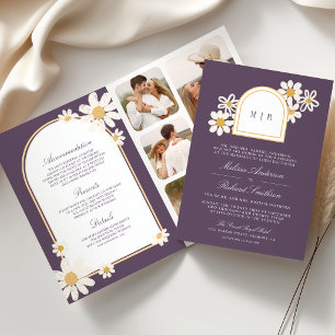 Staubig-lila Retro-gelbe Gänseblümchen Hochzeit in Einladung