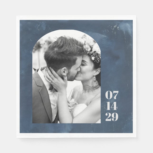 Staubig Navy Foto-Bogen Hochzeitsdatum Personalisi Serviette (Vorderseite)