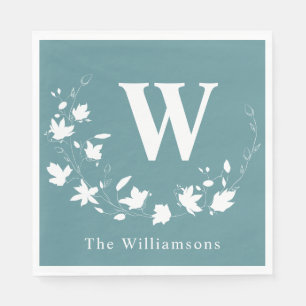 Staubig Teal-Monogramm-Blumenkranz-Familienfeier Serviette