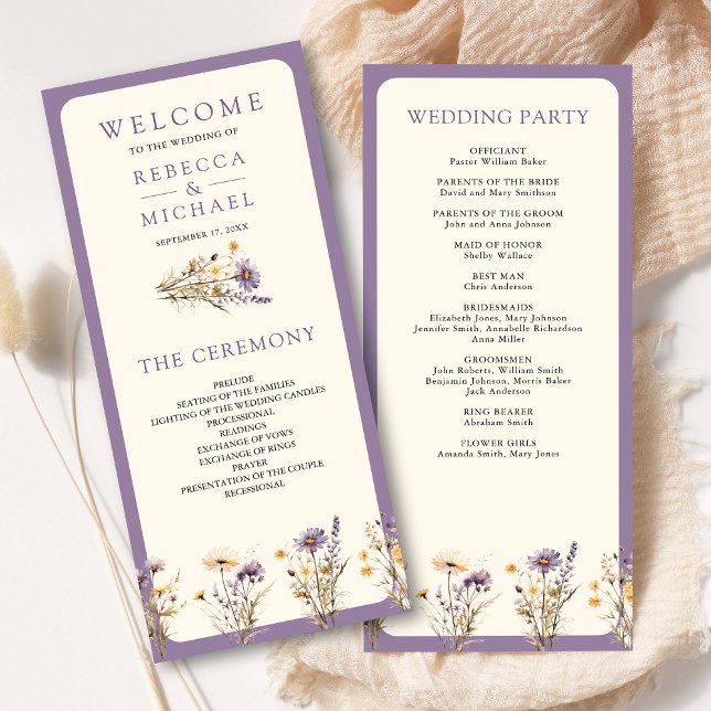 Staubig violette Boho-Wildblumen-Hochzeitsprogramm (Von Creator hochgeladen)