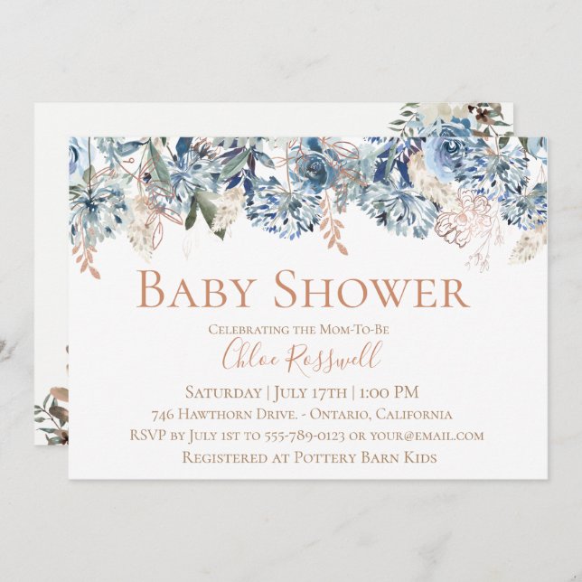 Staubige blaue BlumenBabyparty-Einladung Einladung (Vorne/Hinten)