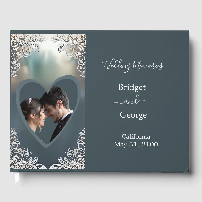 staubige blaue Kunst Deko verzierte Rahmenhochzeit Gästebuch (Vorderseite)