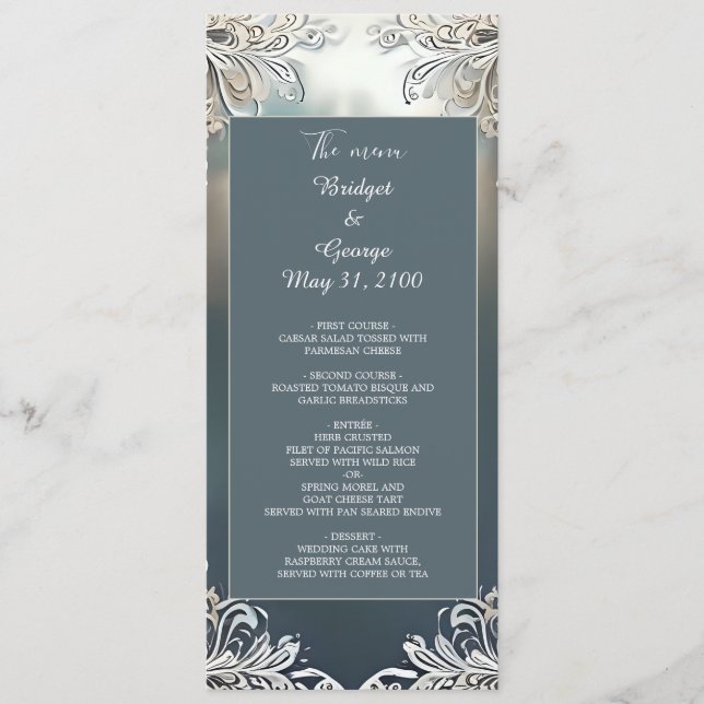 staubige blaue Kunst Deko verzierte Rahmenhochzeit Programm (Vorderseite)