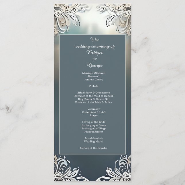 staubige blaue Kunst Deko verzierte Rahmenhochzeit Programm (Rückseite)