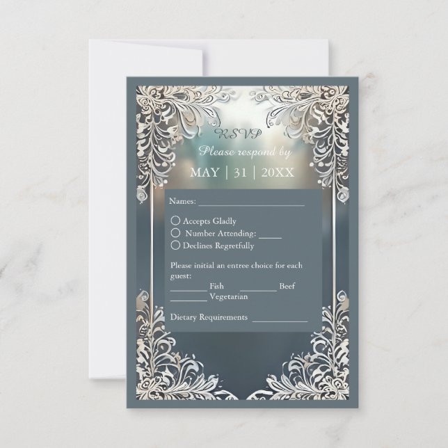 staubige blaue Kunst Deko verzierte Rahmenhochzeit RSVP Karte (Vorderseite)