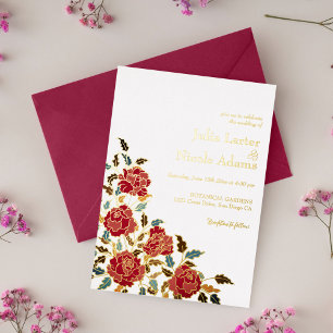 Staubige elegante goldene rote Rose Blumenhochzeit Folieneinladung