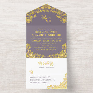 Staubige Lavendel-Goldfolien-Rosen-Monogramm All-in-One-Einladung