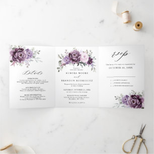 Staubige lila Blüten - Moody Floral Hochzeit Dreifach Gefaltete Ankündigung