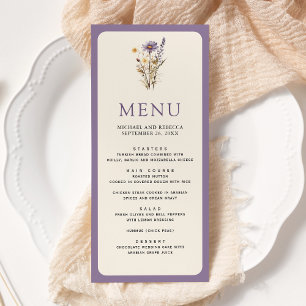 Staubige lila Boho-Wildblumenhochzeit Menükarte
