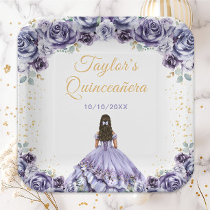 Staubige lila Prinzessin Floral Quinceañera Pappteller